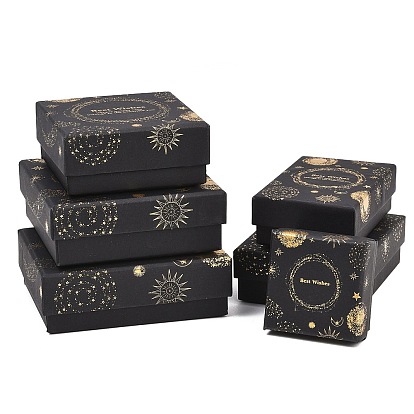Золотые штампованные картонные коробки для ювелирных изделий, с губкой внутри, для колец, маленькие часы, , Серьги, Браслеты, чёрные, квадратный прямоугольник