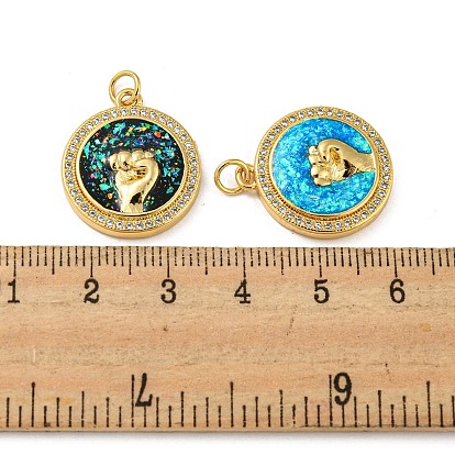 Brass Micro Pave Cubic Zirconia, Synthetic Opal Pendants, with Jump Rings, Real 18K Gold Plated, Flat Round with Fist