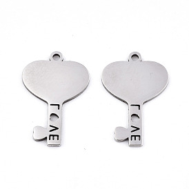 Saint Valentin 201 pendentifs en acier inoxydable, Coupe au laser, clé de coeur avec le mot amour