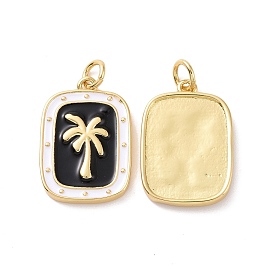 Rectangle with Coconut Tree Pattern Brass Enamel Pendants, with Jump Rings, Cadmium Free & Nickel Free & Lead Free, Real 18K Gold Plated