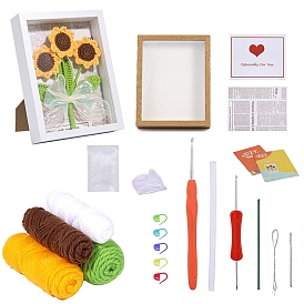 Sunflower Yarn Knitting Beginner Kit, including Photo Frame Stand, Yarn, PP Cotton Stuffing Fiber, Ribbon, Plastic Locking Stitch Marker & Crochet Hooks & Needle