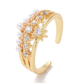 Clear Cubic Zirconia Star Open Cuff Ring with Acrylic Pearl Beaded, Brass Jewelry for Women, Cadmium Free & Lead Free