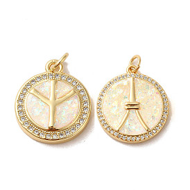 Flat Round with Peace sign & Tower Brass Micro Pave Cubic Zirconia with Synthetic Opal Pendants, with Jump Ring