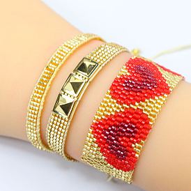 Double-layered Miyuki Heart Bracelet Set for Women with Solid Color and Rivets - Handmade Braided Bracelets (2 Pack)