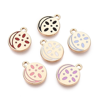Alloy Enamel Pendants, Rack Plating, Flat Round & Star & Moon Charms, Golden