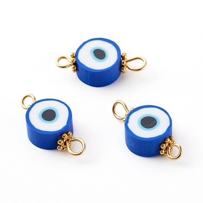 Flat Round with Evil Eye Polymer Clay Links Connectors, with 304 Stainless Steel Eye Pins, Alloy Daisy Spacer Beads, Golden