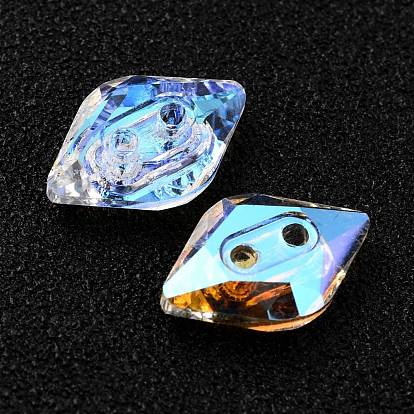2-Hole Rhombus Glass Rhinestone Buttons, Faceted