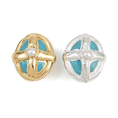 Гальванизированные синтетические бирюзовые бусины, с пластиковой жемчужины, овальные