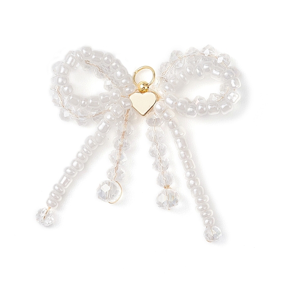 Бант из стеклянного бисера с подвесками в виде сердечек, со стеклом, латунью и 304 открытыми соединительными кольцами из нержавеющей стали