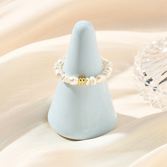 Natural Cultured Freshwater Pearl Beaded Stretch Rings for Women, with Brass Spacer Beads, Golden