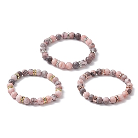 3Pcs 3 Colors 8.5mm Round Natural Pink Zebra Jasper Beaded Stretch Bracelets, Brass Rhinestone Spacer Bead Bracelets for Women