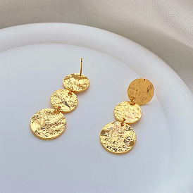 Fashionable metal round earrings with S925 silver pins - vintage, cold wind, 18K gold-plated.