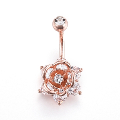 Piercing Jewelry, Brass Cubic Zirciona Navel Ring, Belly Rings, with 304 Stainless Steel Bar, Rose