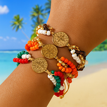 Регулируемые браслеты из латуни, Браслеты из бисера и стеклянных бусин для женщин, плоские круглые с крестом