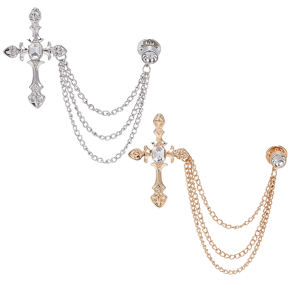 2шт. 2 цвета религиозный крест подвесная брошь на цепочке со стразами, булавка из сплава для воротника рубашки мужского костюма