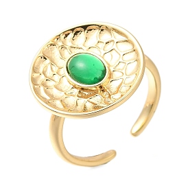 Rack Plating Flat Round Brass Glass Open Cuff Rings for Women, Cadmium Free & Lead Free, Long-Lasting Plated