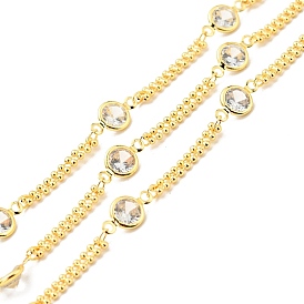Rack Plating Brass Ball Chains, with Clear Cubic Zirconia Flat Round Links, Long-Lasting Plated, Soldered, with Spool, Cadmium Free & Lead Free