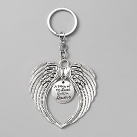 Valentine's Day Big Wing Tibetan Style Alloy Pendant Keychain, Flat Round with Word Charms