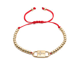 Adjustable Cross Bracelet with Zirconia, Copper Beads and Red Cord