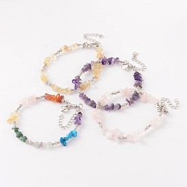 Trendy Gemstone Beaded Anklets, with Iron Beads and Brass Lobster Claw Clasps, 8-7/8 inch(225mm)