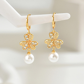 Elegant Fashion Clover Stainless Steel Hoop Earrings for Women, with Rhinestone & Pearl