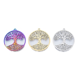 201 Stainless Steel Pendant, Hollow Charms, Flat Round with Tree of Life