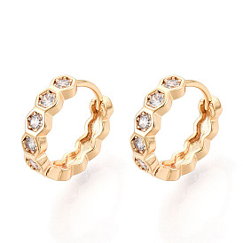Серьги-кольца из латуни с микропаве из прозрачных кубических цирконий шестигранной формы