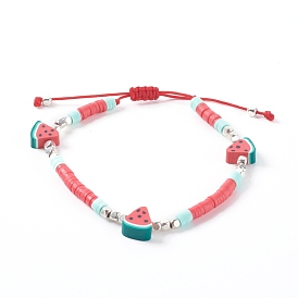 Adjustable Nylon Thread Braided Bead Bracelets, with Polymer Clay Heishi Beads and Brass Cube Beads, Watermelon, Silver Color Plated