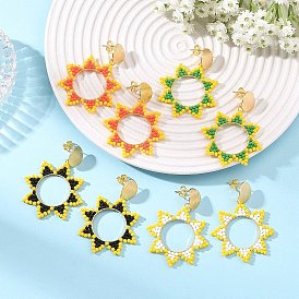 Pendientes colgantes de latón para mujer, con perlas de cristal de la semilla, sol, dorado