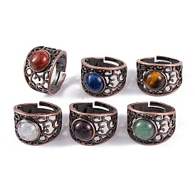 Natural Gemstone Round Adjustable Rings, Red Copper Plated Brass Wide Band Rings for Men