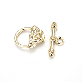 Alloy Rose Flower Ring Toggle Clasps, Long-Lasting Plated, Ring: 19x17x3mm, Hole: 2mm, Bar: 24x9x4mm, Hole: 3mm