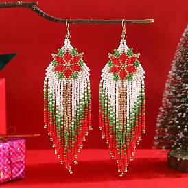 Christmas Style Handmade Glass Seed Beads Tassel Dangle Earrings, with Snowflake Red Green Color Matching