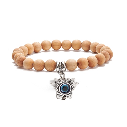 Round Natural Wood Beaded Stretch Bracelet, Alloy Lotus with Resin Evil Eye Charm Yoga Bracelet for Women