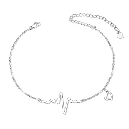 925 Sterling Silver Link Anklets, with Cable Chains, Heartbeat and Heart