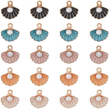 Zinc Alloy Enamel Pendants, with ABS Plastic Imitation Pearl, Shell Shape, Light Gold