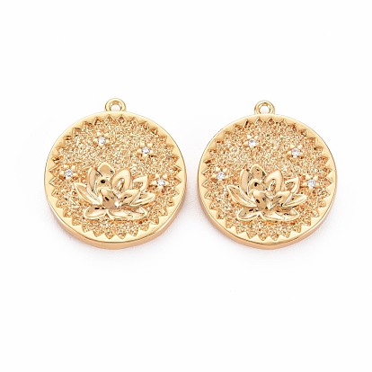 Brass Micro Pave Clear Cubic Zirconia Pendants, Nickel Free, Flat Round with Lotus