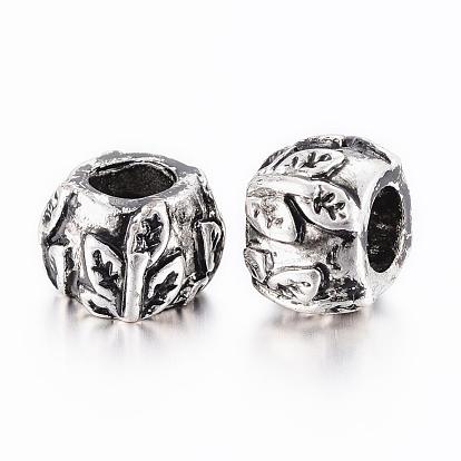 Tibetan Style Alloy European Beads, Large Hole Beads, Cadmium Free & Nickel Free & Lead Free, Rondelle with Leaf