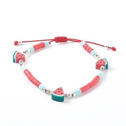 Adjustable Nylon Thread Braided Bead Bracelets, with Polymer Clay Heishi Beads and Brass Cube Beads, Watermelon, Silver Color Plated