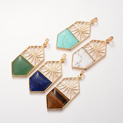 Шестигранные золотые тона латунные камни большие подвесками, 59x26x6 мм, отверстие : 5x8 мм