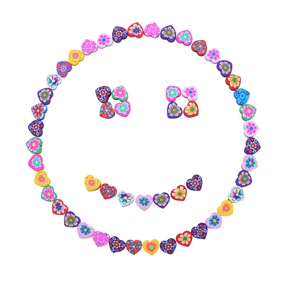 100Pcs Handmade Polymer Clay Beads, Heart with Flower Pattern
