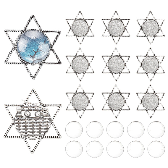 10 шт. винтажная брошь в форме звезды из сплава в тибетском стиле с кабошоном, с железными штифтами, плоско-круглые, с 10 стеклянными кабошонами