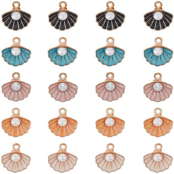 Zinc Alloy Enamel Pendants, with ABS Plastic Imitation Pearl, Shell Shape, Light Gold