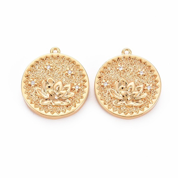 Brass Micro Pave Clear Cubic Zirconia Pendants, Nickel Free, Flat Round with Lotus