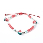 Adjustable Nylon Thread Braided Bead Bracelets, with Polymer Clay Heishi Beads and Brass Cube Beads, Watermelon, Silver Color Plated