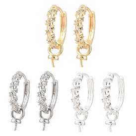 Brass Micro Pave Clear Cubic Zirconia Huggie Hoop Earring Findings, for Half Drilled Beads, Rack Plating, Long-lasting Plated