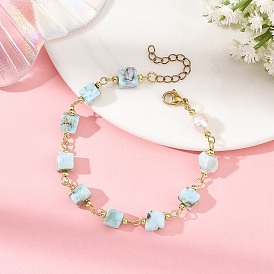 Natural Larimar Square Beaded Chain Bracelets for Women, with Rice Natural Pearl Beads