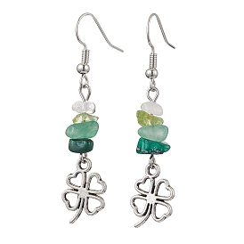 Natural Gemstone Clover Dangle Earrings, with Alloy Beads and Brass Earring Hooks