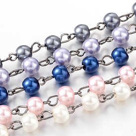Perles de verre des chaînes de perles faites à la main pour colliers bracelets faisant, avec épingle à oeil en laiton de ton bronze, non soudée, 39.3 pouce, Environ 90 pcs/chapelet
