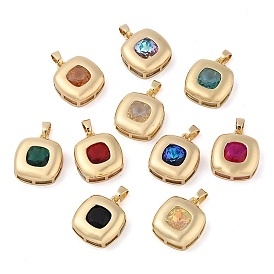 Rack Plating Brass Pendants, Square Shaped Glass Charms, Long-Lasting Plated, Cadmium Free & Lead Free, Real 18K Gold Plated