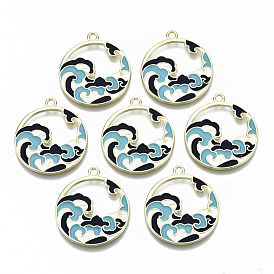 Chinese Style Alloy Pendants, with Enamel, Flat Round with Wave, Cadmium Free & Lead Free, Black & Blue